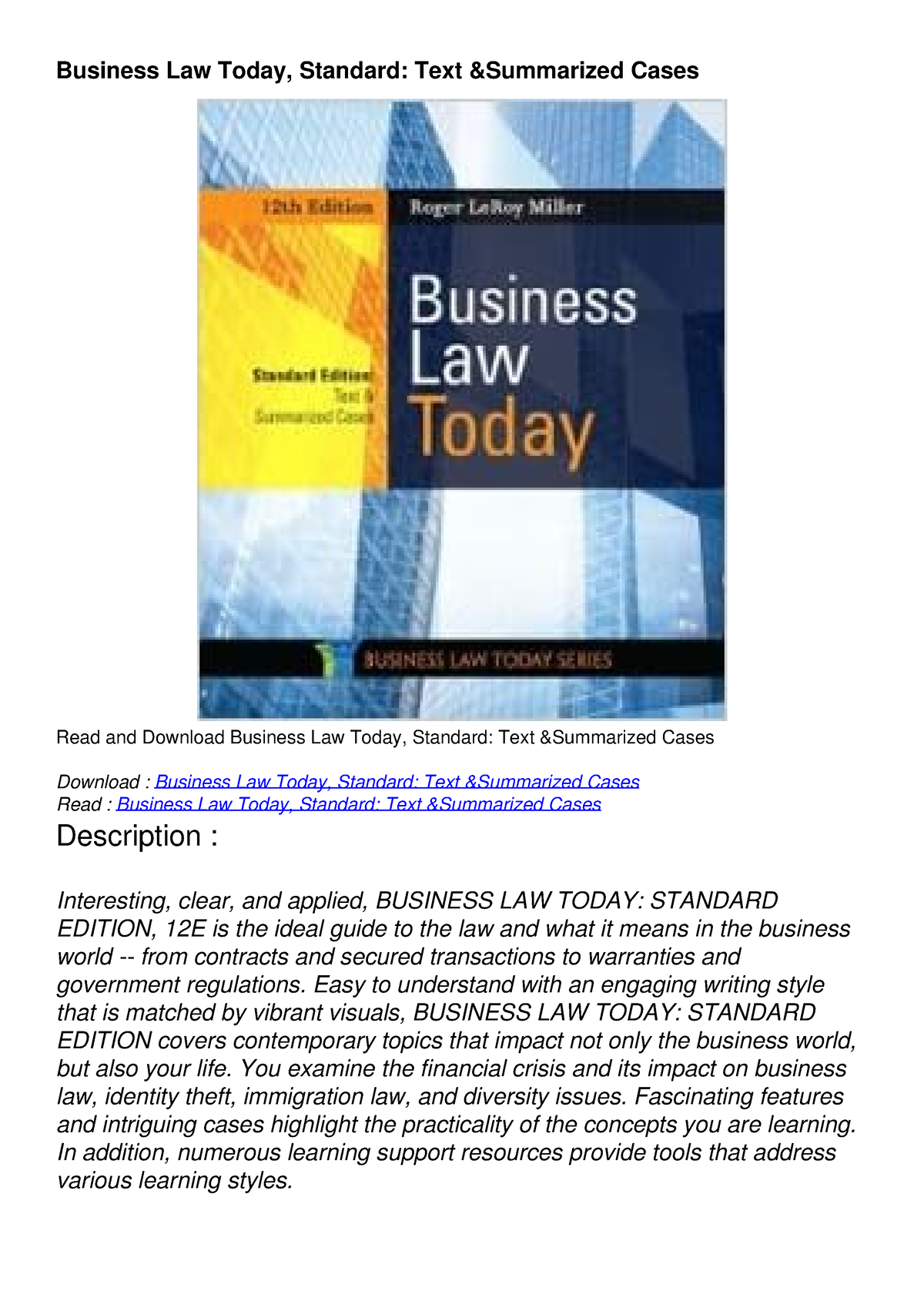 Get [PDF] Download Business Law Today, Standard: Text Summarized Cases ...