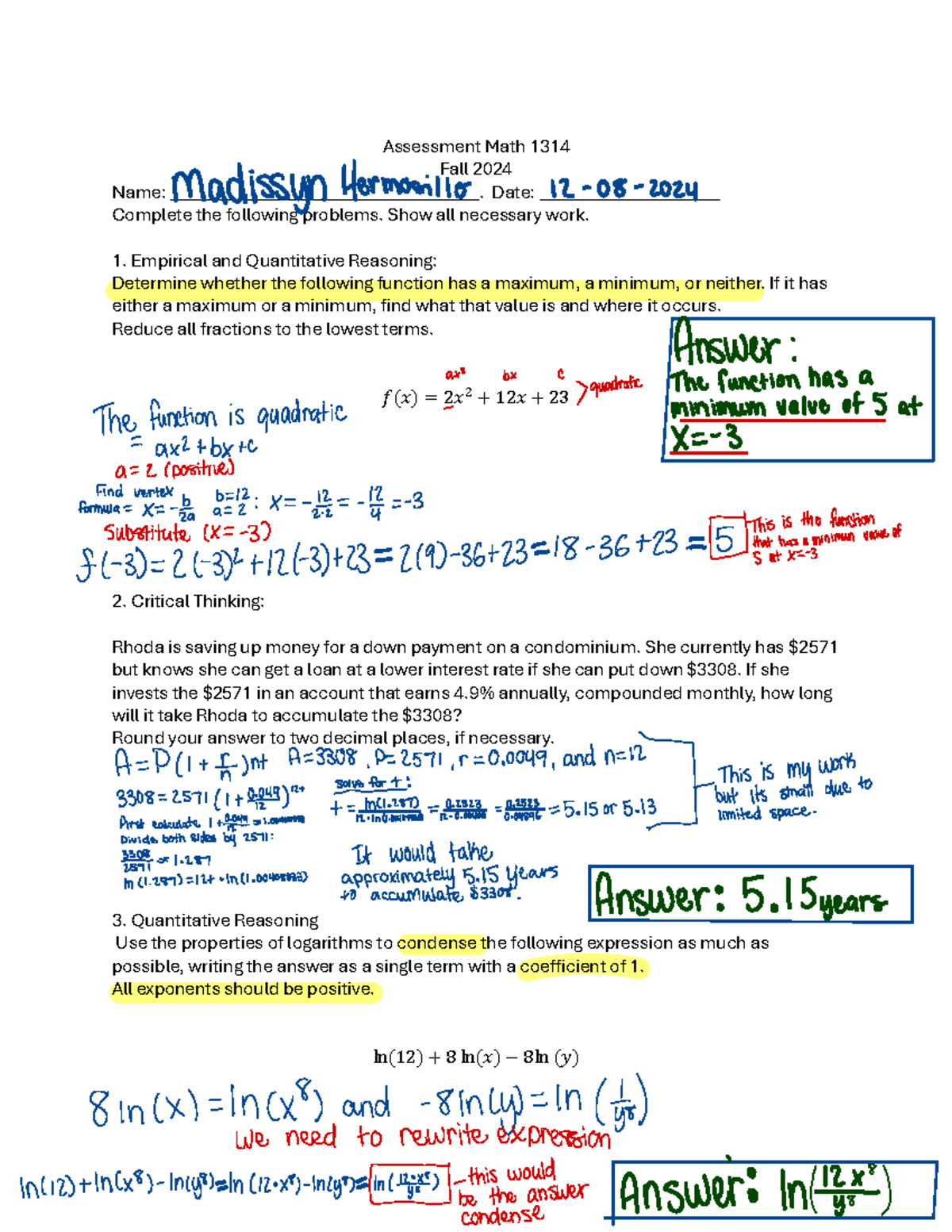 Math - Math assessments - Assessment Math 1314 Fall 2024 Name