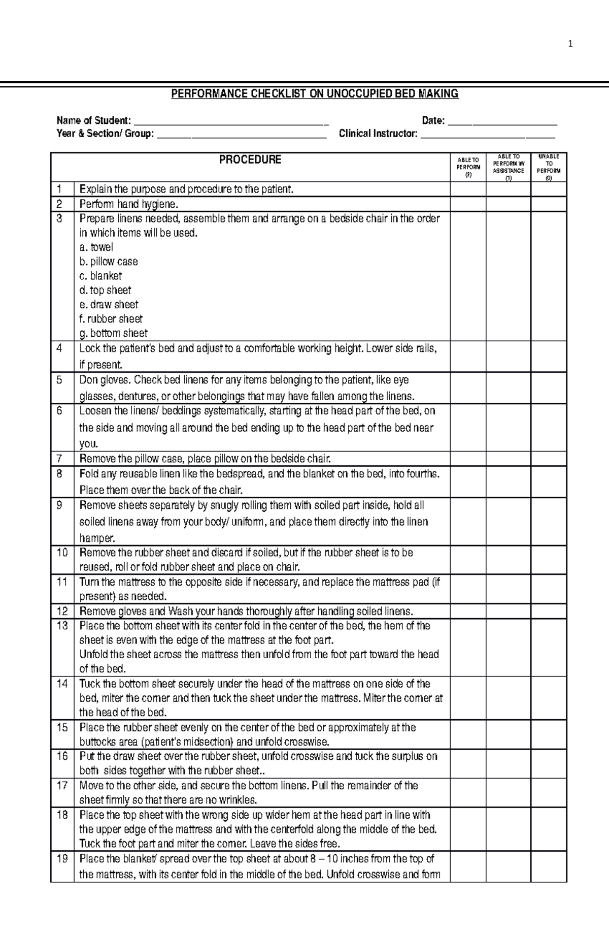 Performance Checklist ON Unoccupied BED Making 1 PERFORMANCE