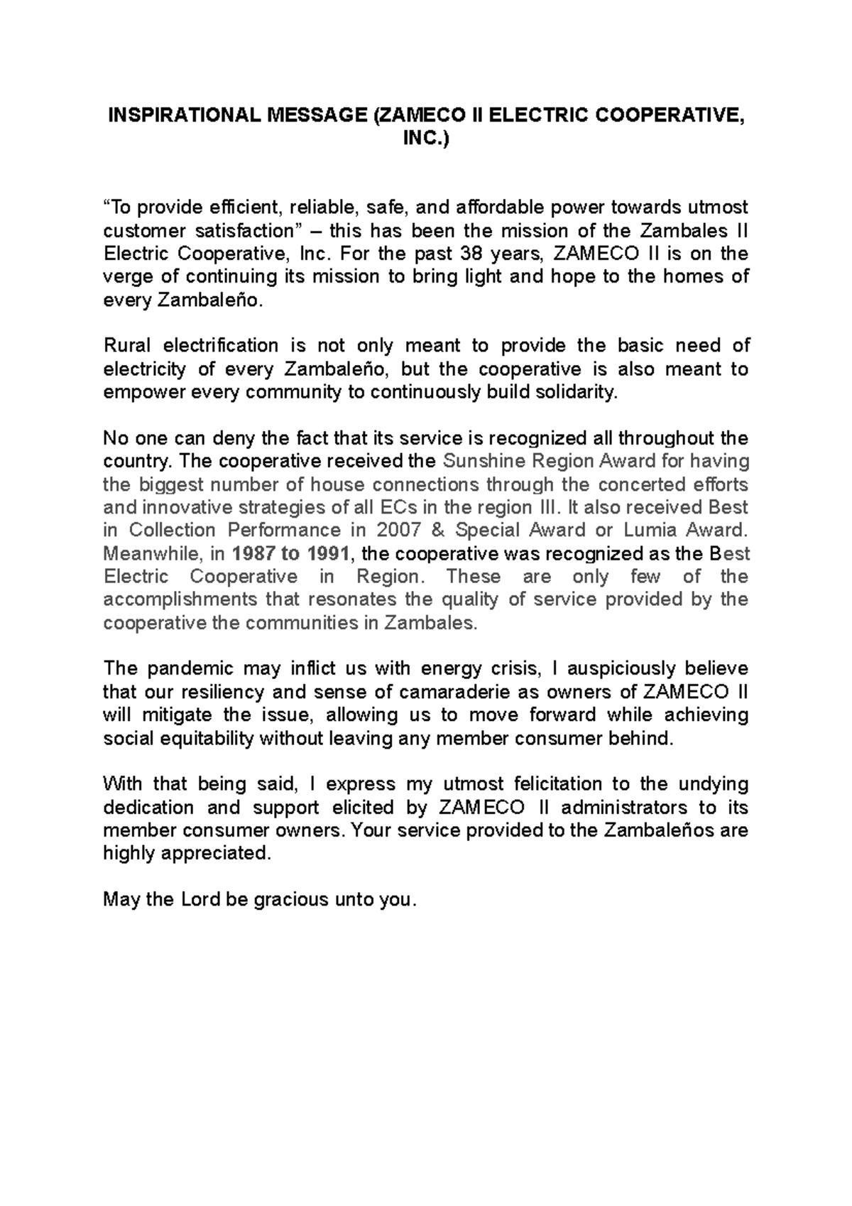 Inspirational Message INSPIRATIONAL MESSAGE (ZAMECO II ELECTRIC