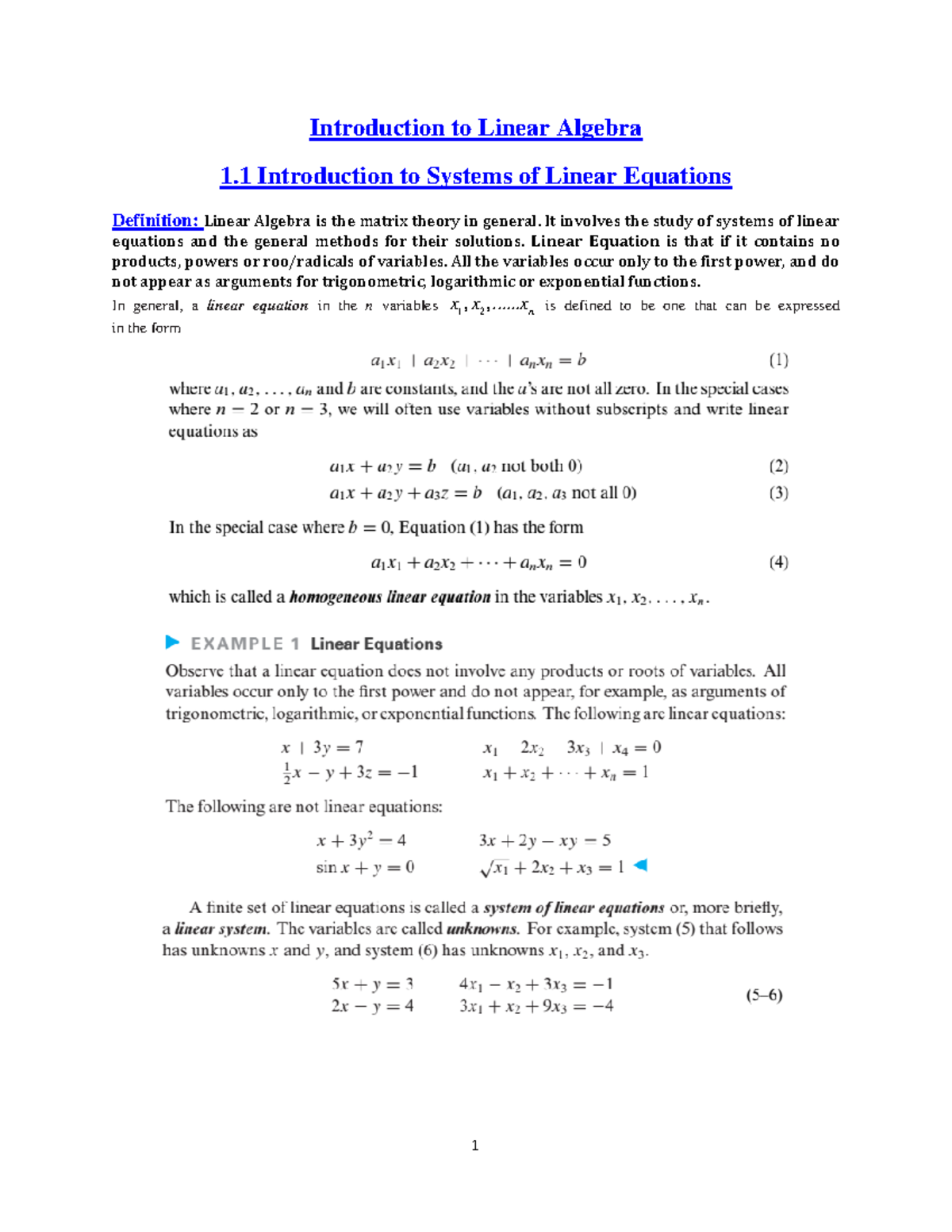 1.1 Introduction To System Of Linear Equations - It Involves The Study ...