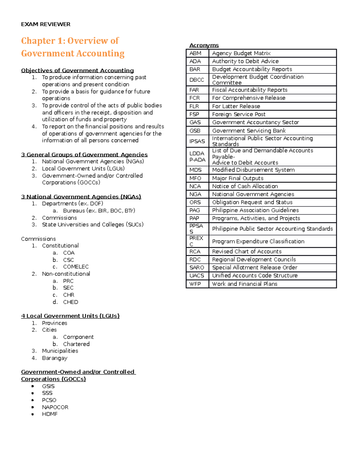 Government Accounting Reviewer - EXAM REVIEWER Chapter 1: Overview Of ...