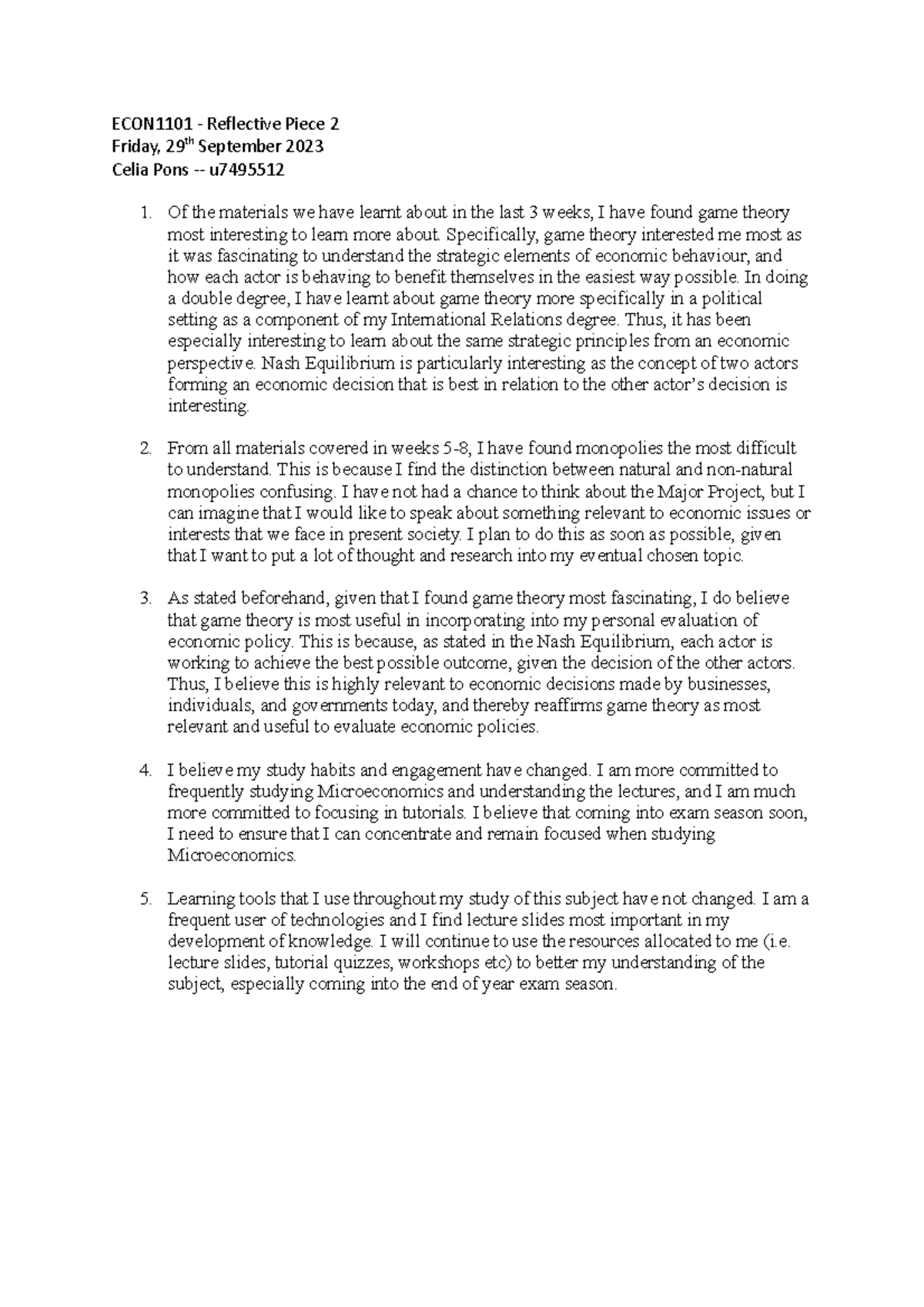 ECON1101 Reflective Piece 2 - ECON1101 - Reflective Piece 2 Friday ...