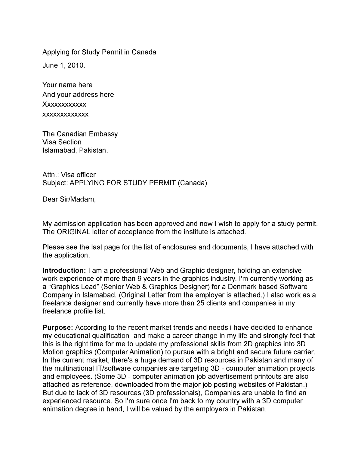 sample cover letter for study permit canada
