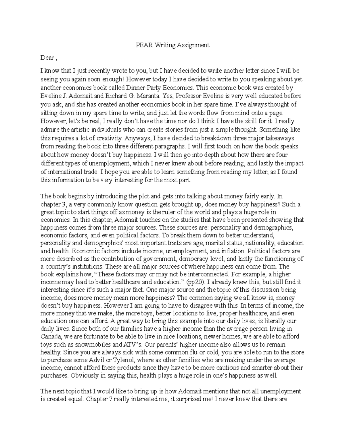 ECON 1100 PEAR Writing Assignment PEAR Writing Assignment Dear , I