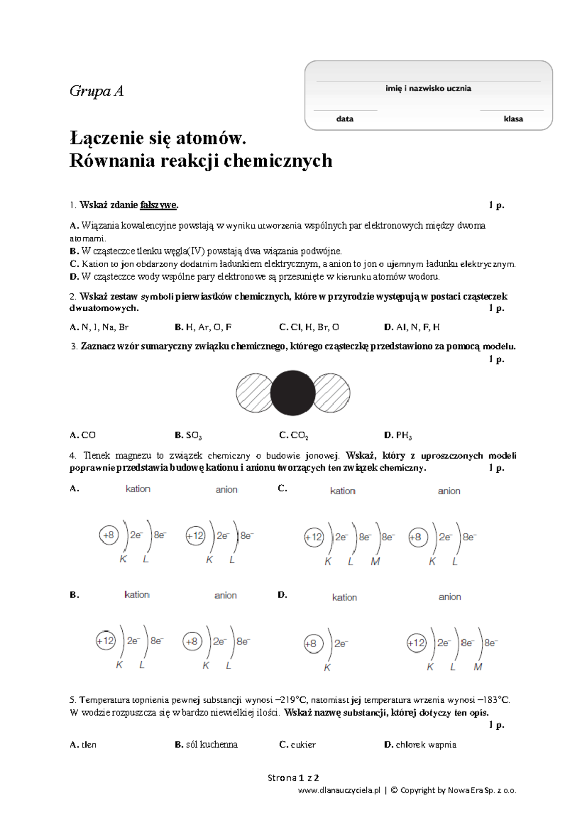 Sprawdzian Z Reakcji Chemicznych 1 Gimnazjum