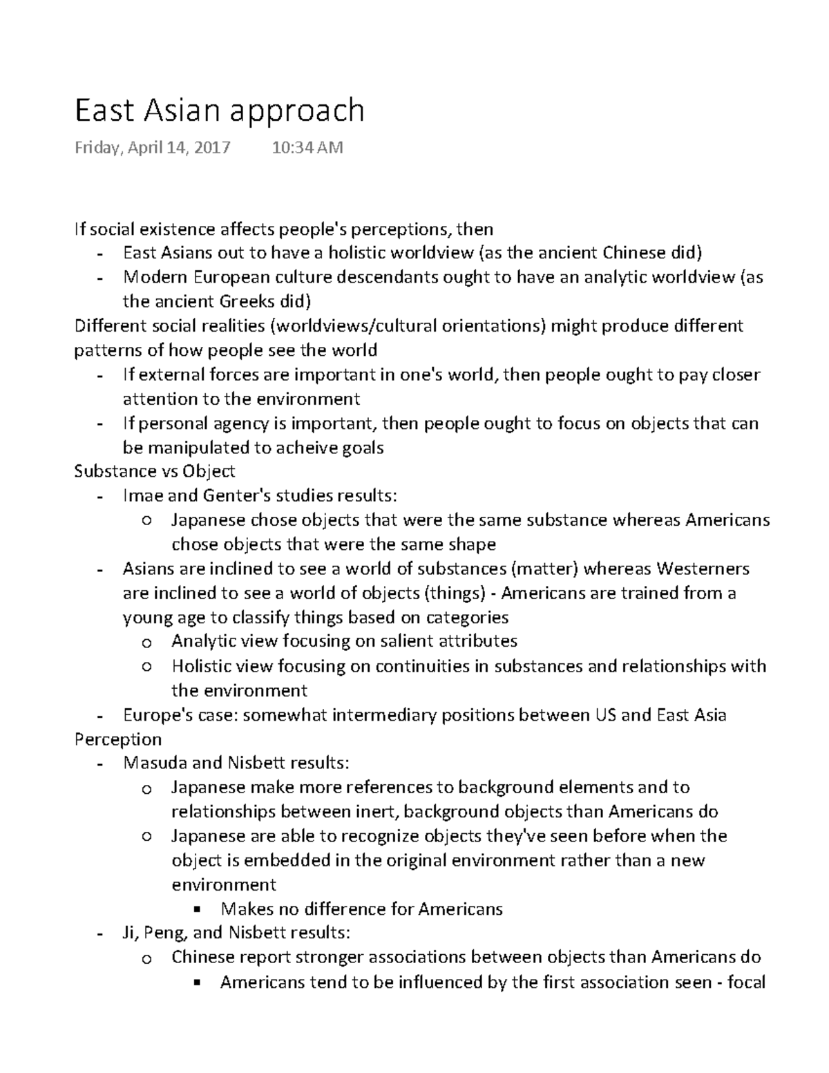 East Asian Approach - Lecture Notes 30 - East Asian Approach Friday ...