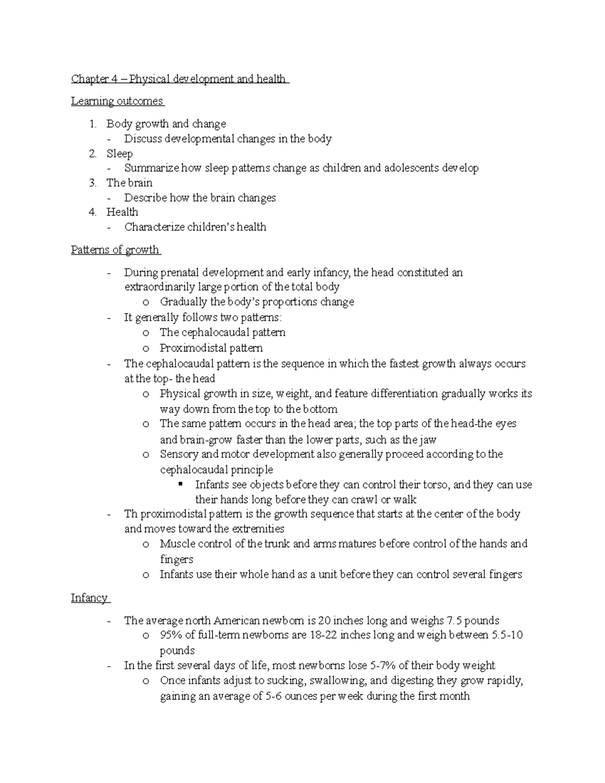 Chapter 4 notes - Chapter 4 – Physical development and health Learning ...