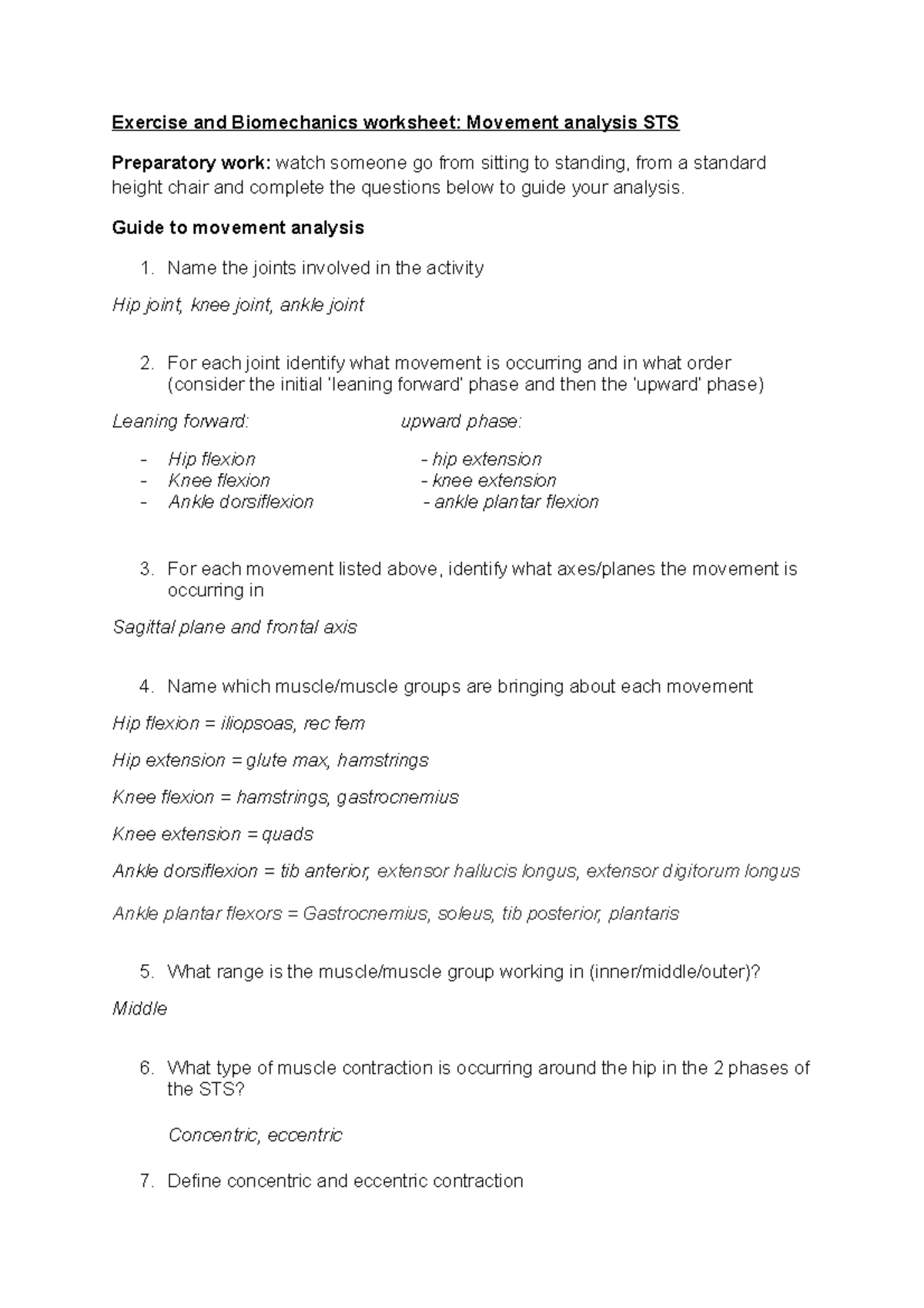 WEEK 31 - Sit to Stand Analysis - Exercise and Biomechanics worksheet