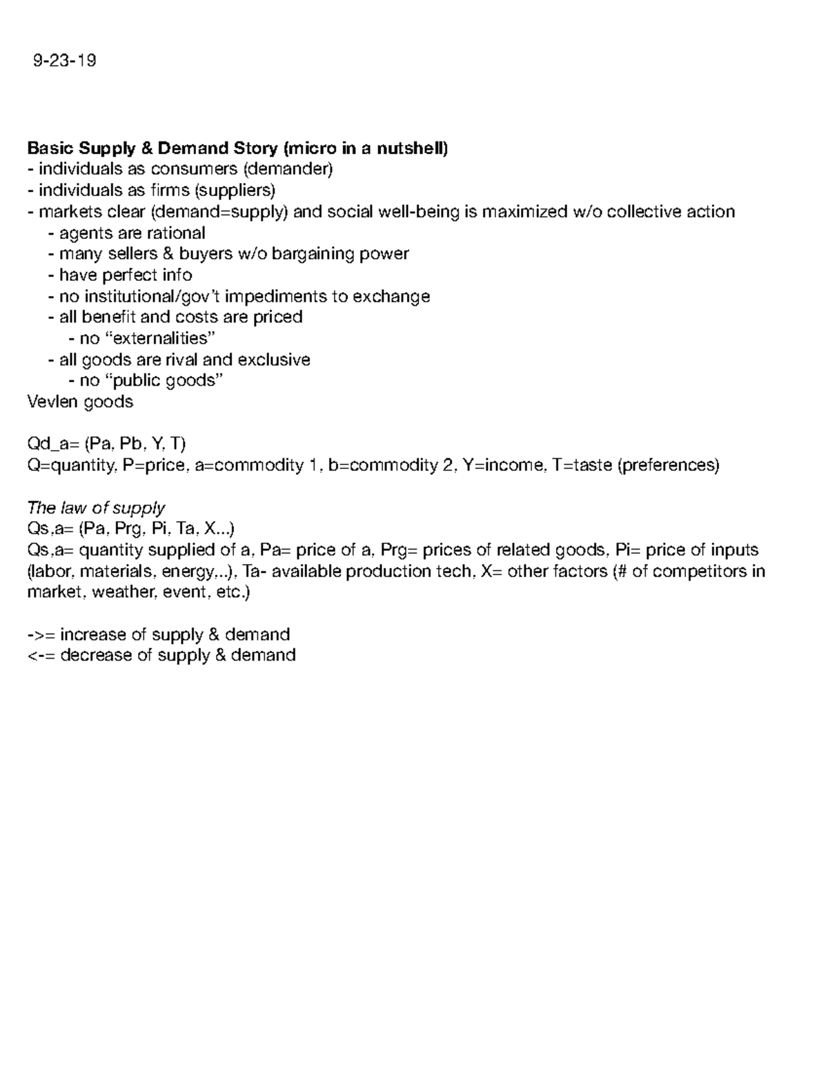 9-23-19 - Lecture notes - 9-23- Basic Supply & Demand Story (micro in a ...