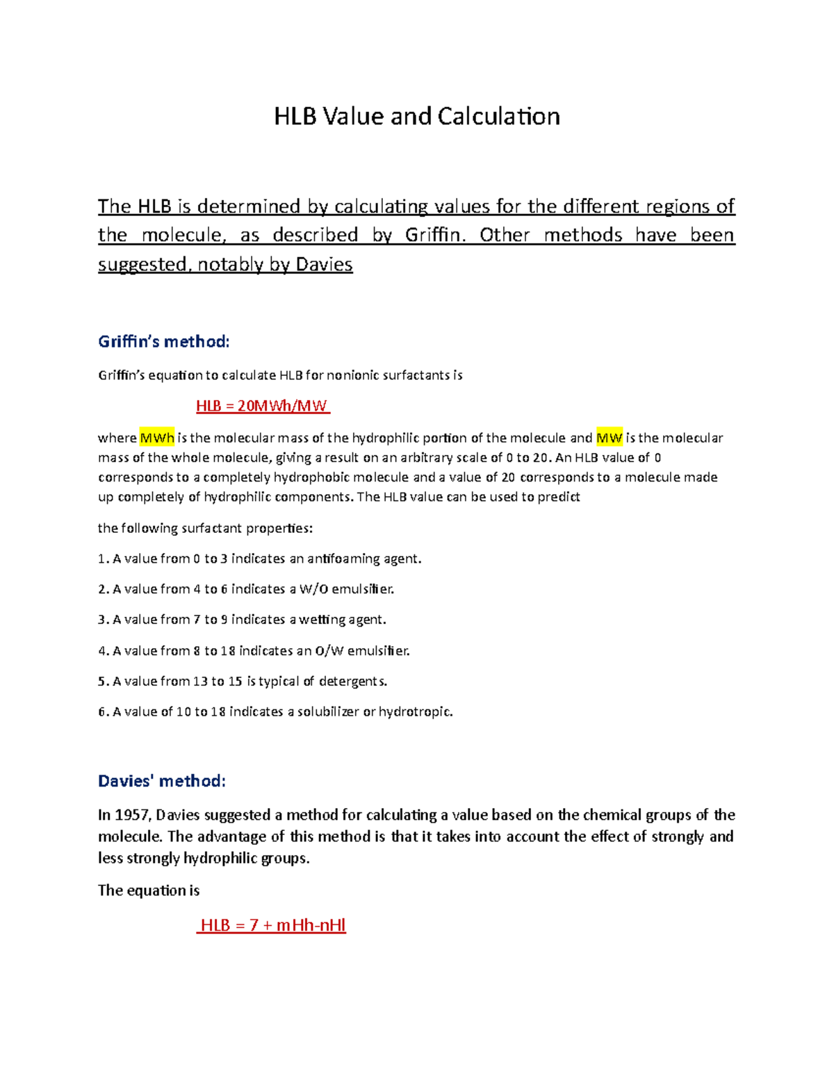 HLB Value and Calculation Other methods have been suggested, notably