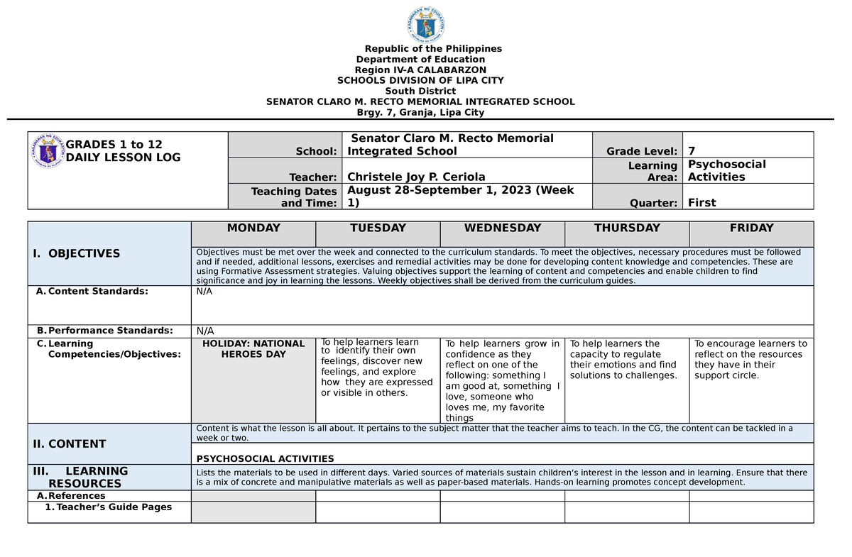 DLL WEEK 1 - Daily Lesson Log for Psychosocial Week - Department of ...