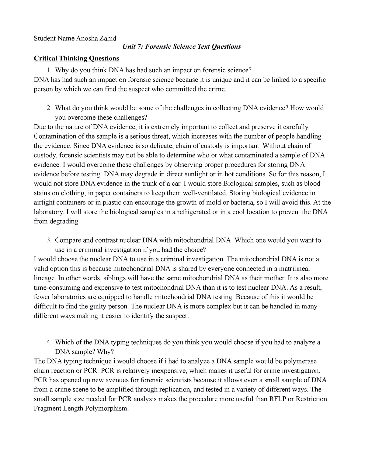 forensic science unit 7 critical thinking questions