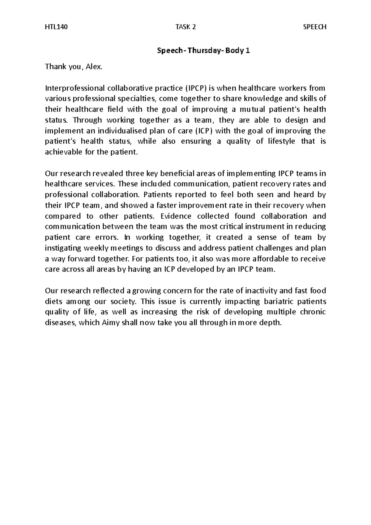 HTL140- Speech (Body- Part 1) - HTL140 TASK 2 SPEECH Speech- Thursday ...