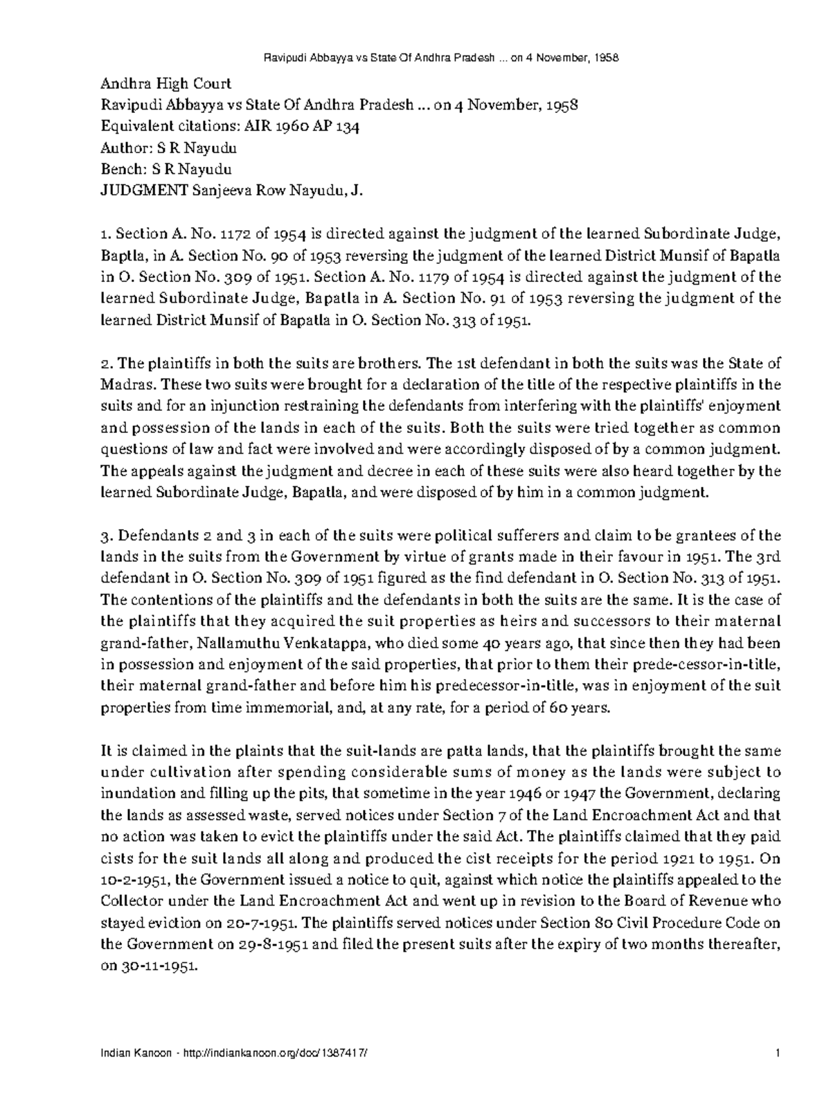 Adverse possession india 2 - Andhra High Court Ravipudi Abbayya vs ...