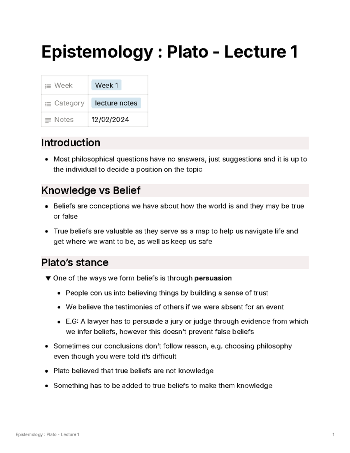 Epistemology Plato - Lecture 1 - Epistemology Plato Lecture 1 1 ...