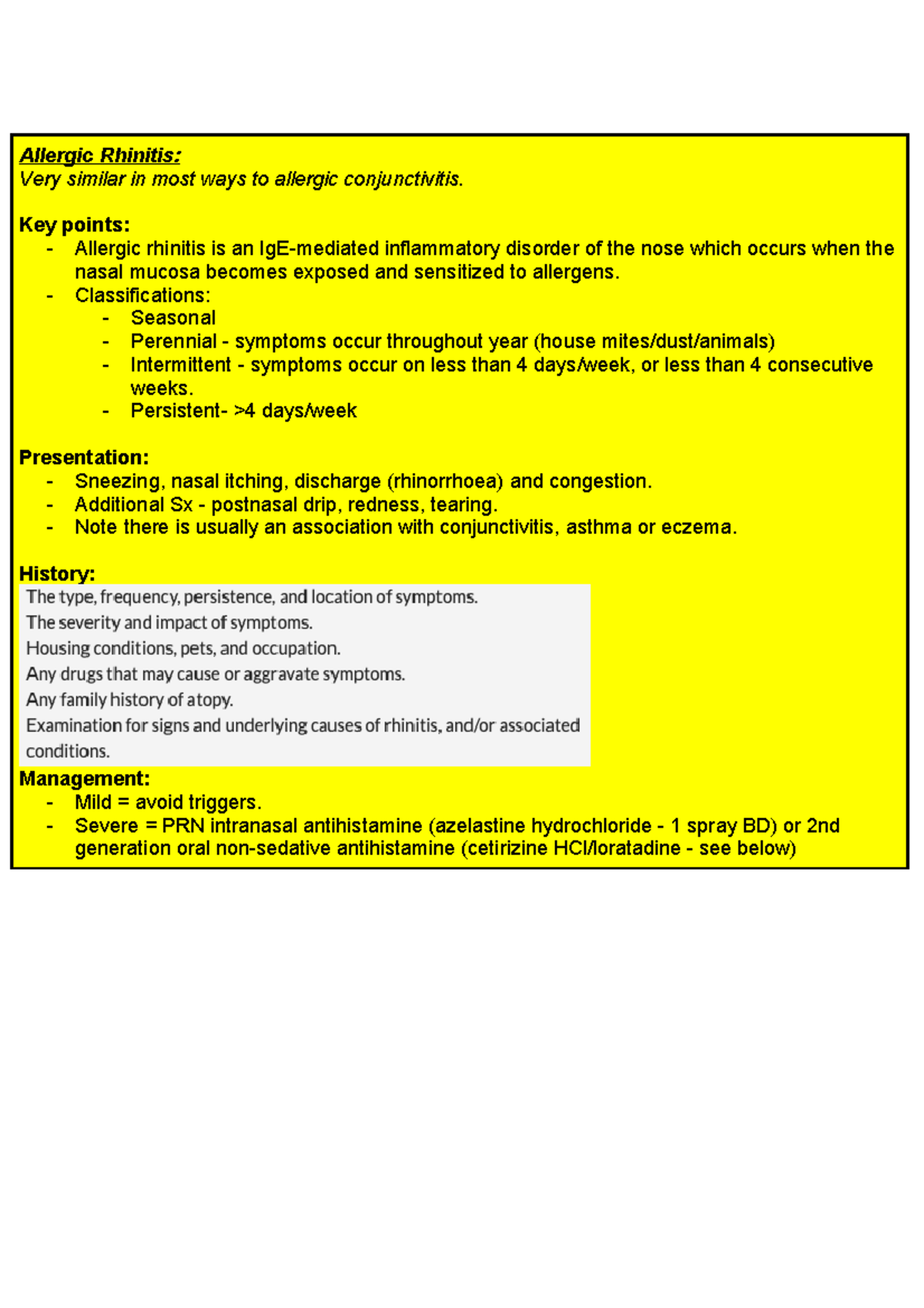 Rhinitis Sinusitis - Lecture notes Year 4 ENT - Allergic Rhinitis: Very ...