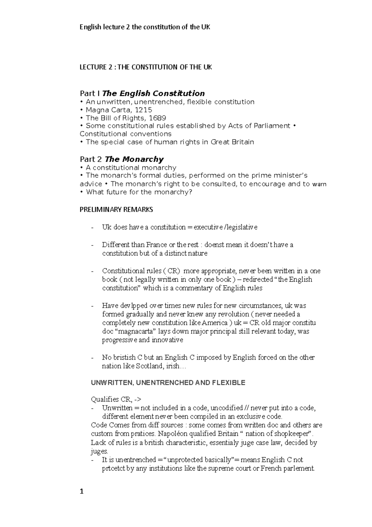 Lecture 2 to 10, English S1 - LECTURE 2 : THE CONSTITUTION OF THE UK ...