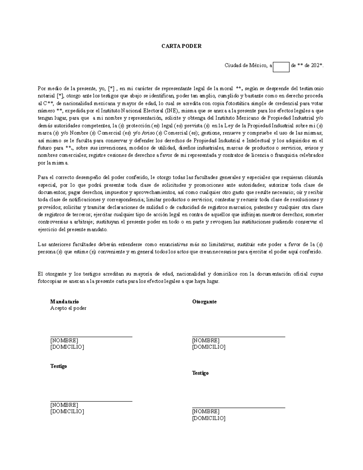 Carta Poder Trámite IMPI - CARTA PODER Ciudad de México, a de ** de 202 ...