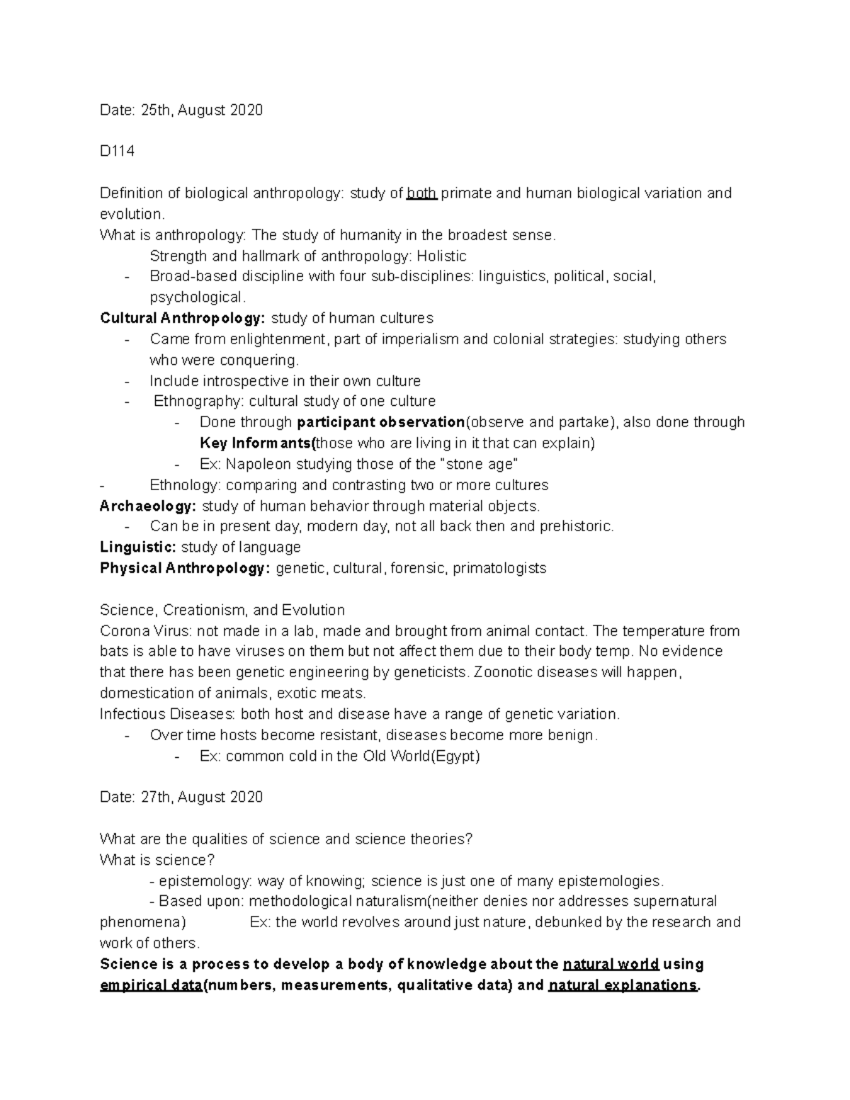 Bio Anth Notes Exam 1 - Date: 25th, August 2020 D Definition of ...