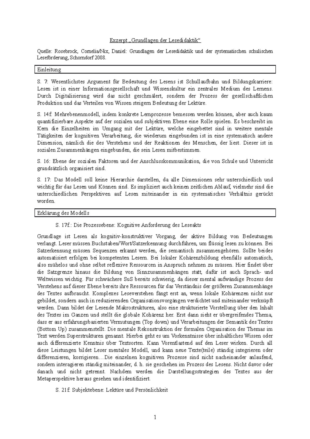 Grundlagen Der Lesedidaktik Und Der Systematischen Schulischen Leseförderung Exzerpt Rosebrock Grundlagen der Lesedidaktik - Exzerpt „Grundlagen der