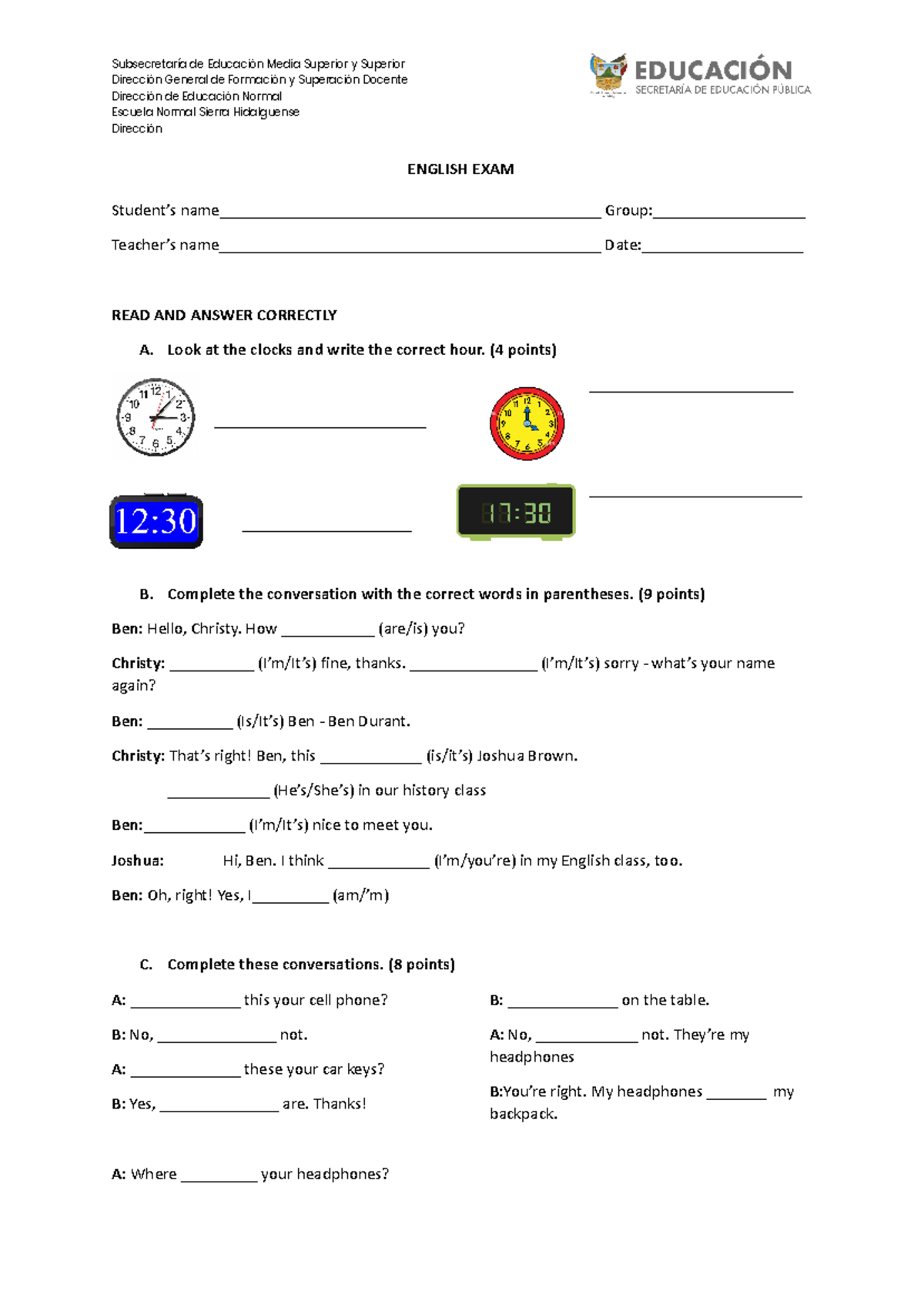 English EXAM 2 - Exam A1 - Subsecretaría de Educación Media Superior y ...