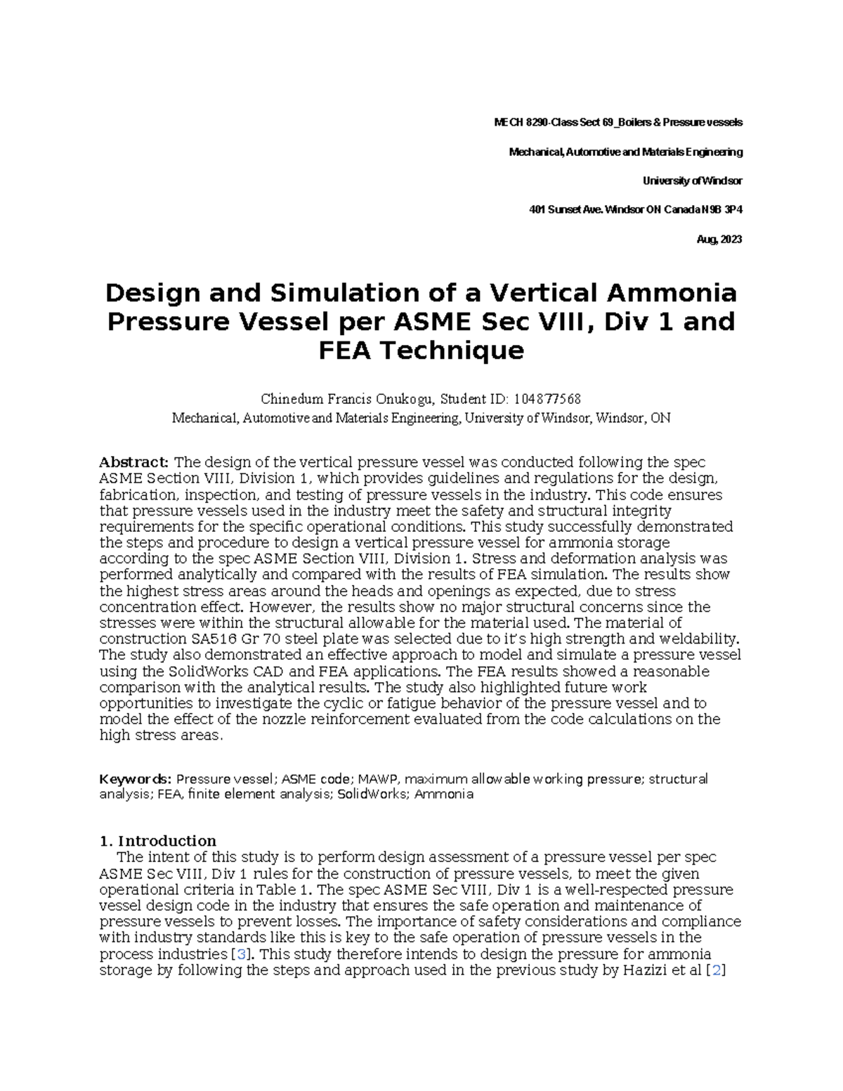 Design and simulation of a vertical ammonia pressure vessel per ASME ...