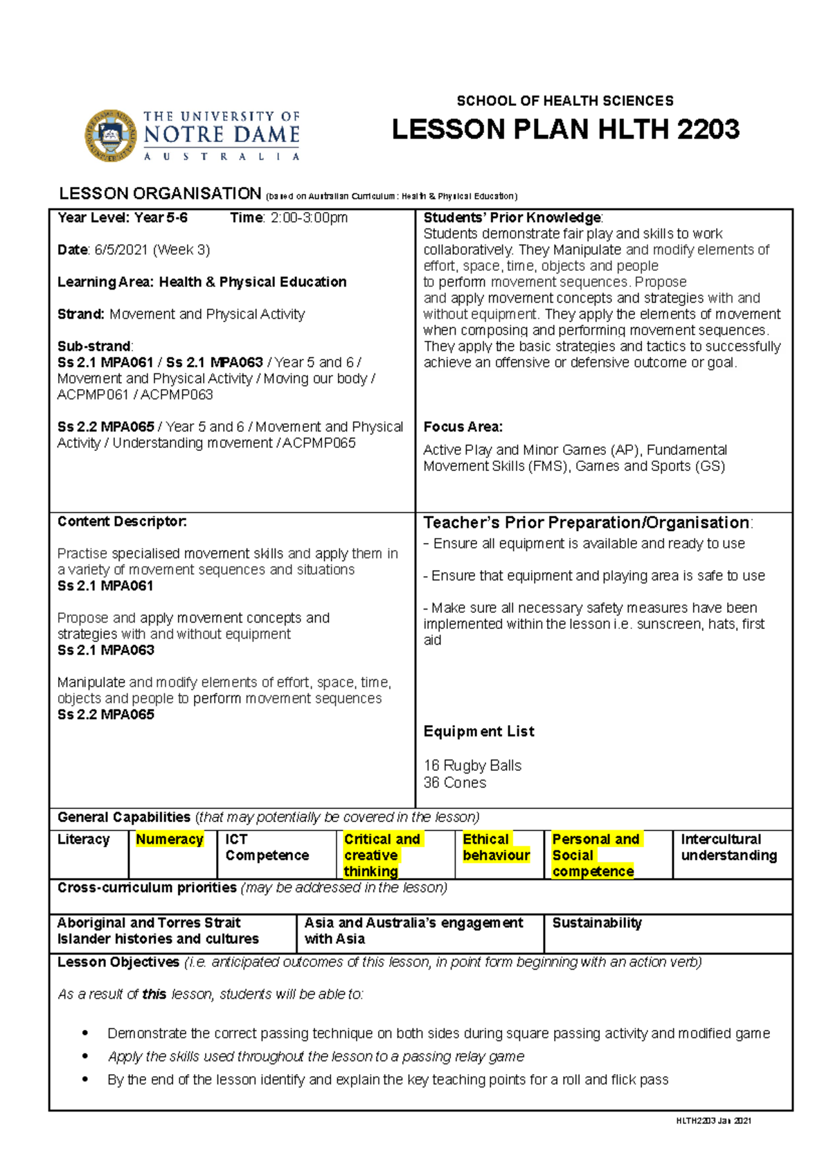 Touch Rugby Lesson Plan 2 - EDUC2623 - Notre Dame - Studocu