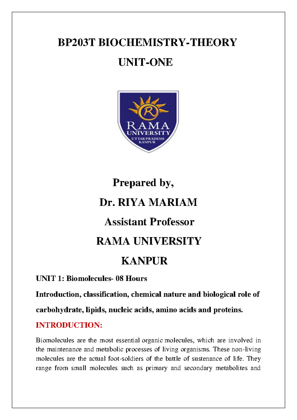Bio Chem 1 Biochemistry Notes Unit 1 Bp203t Biochemistry Theory