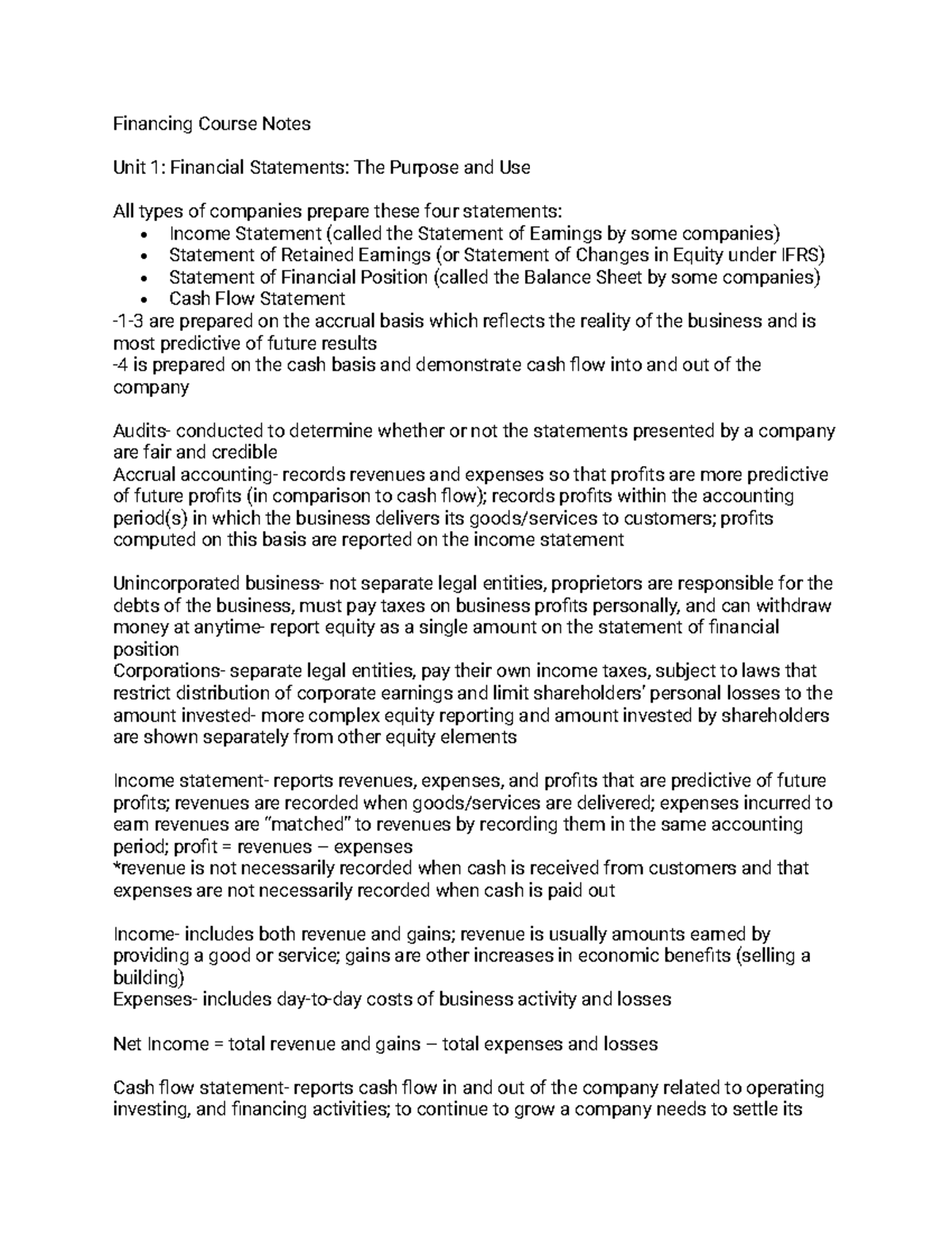 Financing Course Notes - Financing Course Notes Unit 1: Financial ...