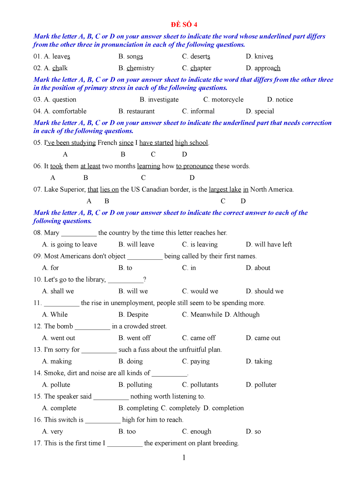 Đề số 4 - Review - ĐỀ SỐ 4 Mark the letter A, B, C or D on your answer ...