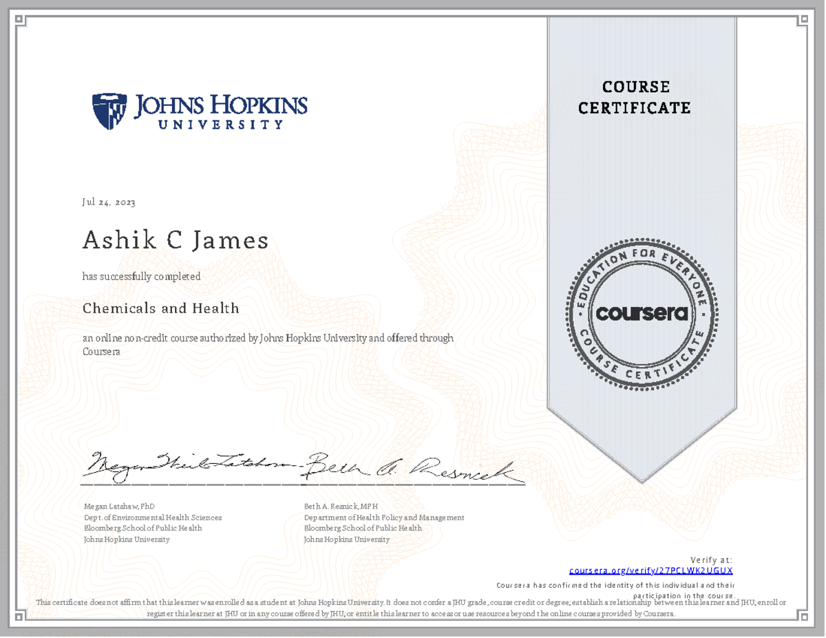 Coursera 27 Pclwk 2UGUX - J ul 2 4, 2 02 3 Ashi k C Ja mes Chemicals ...