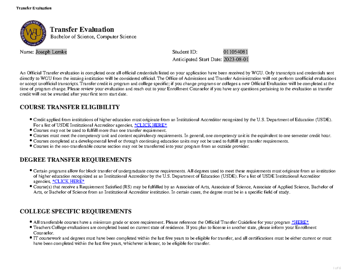 Transcript Evaluation Results - Transfer Evaluation Bachelor of Science ...
