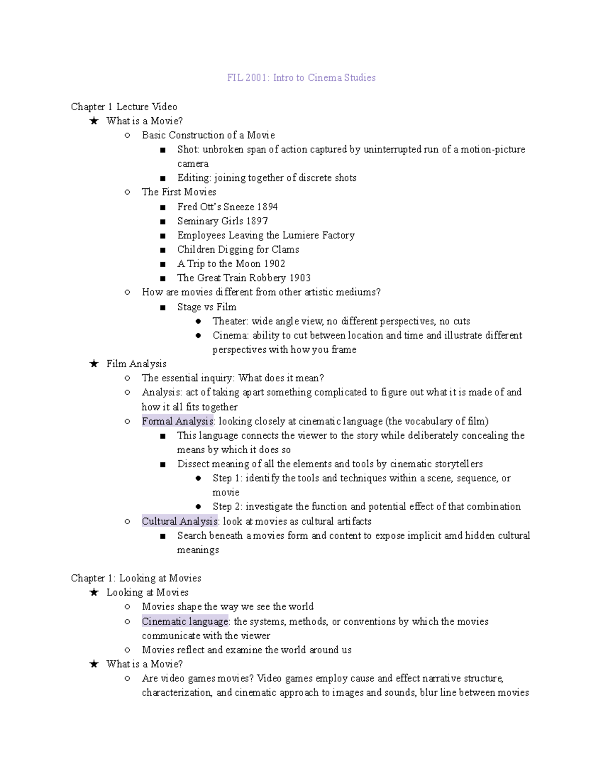 Intro To Cinema Studies Notes Ch 1 9 FIL 2001 Intro To Cinema