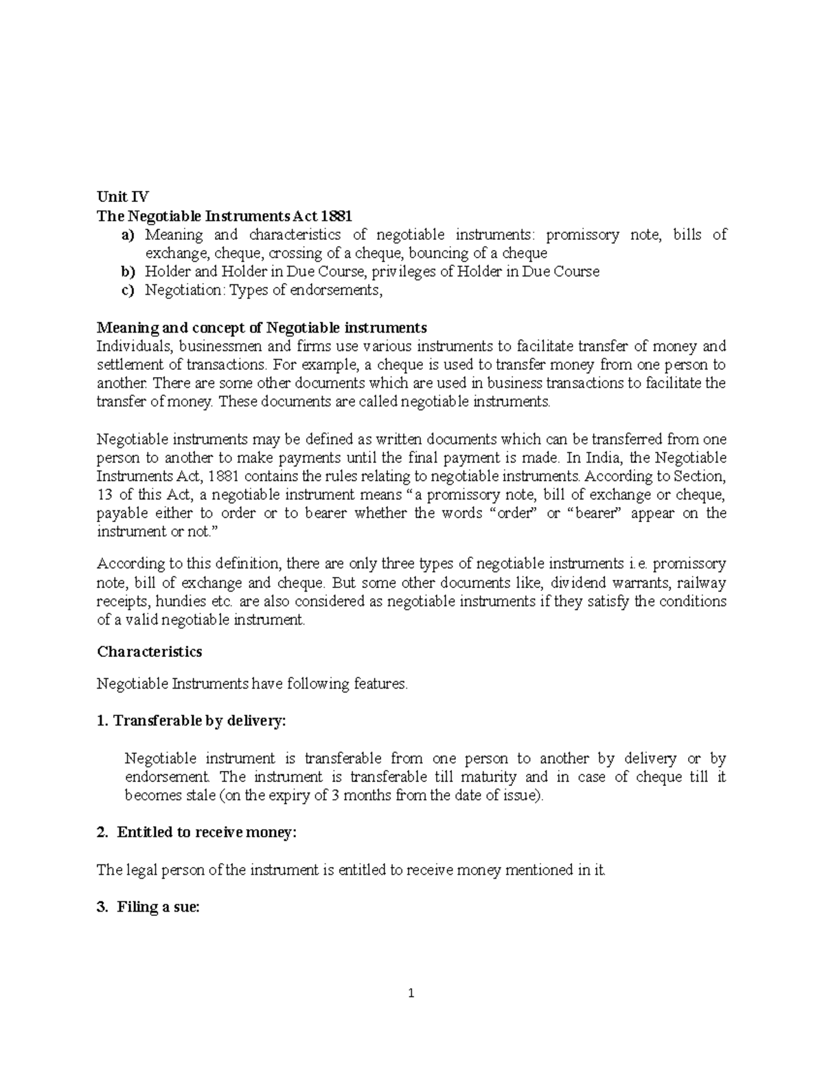 Complete Notes Unit 4 Kmk Unit IV The Negotiable Instruments Act 