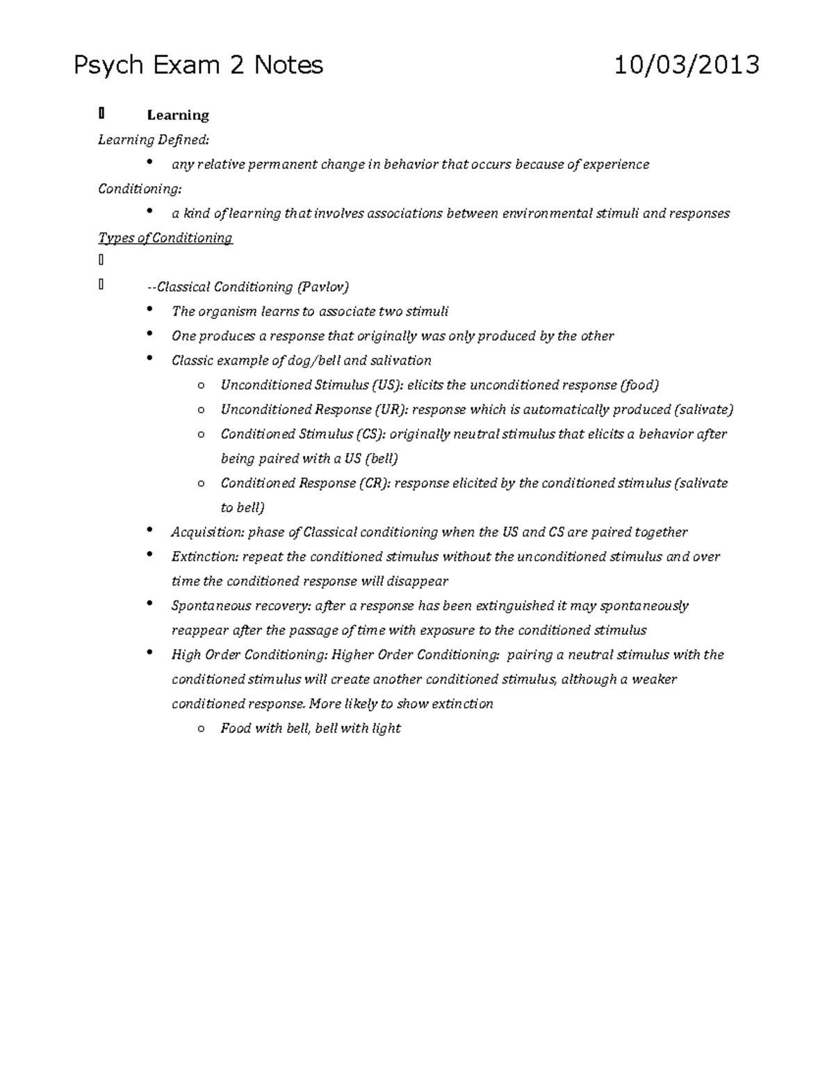 Psych Exam Notes - Psych Exam 2 Notes 10/03/ Learning Learning Defined ...