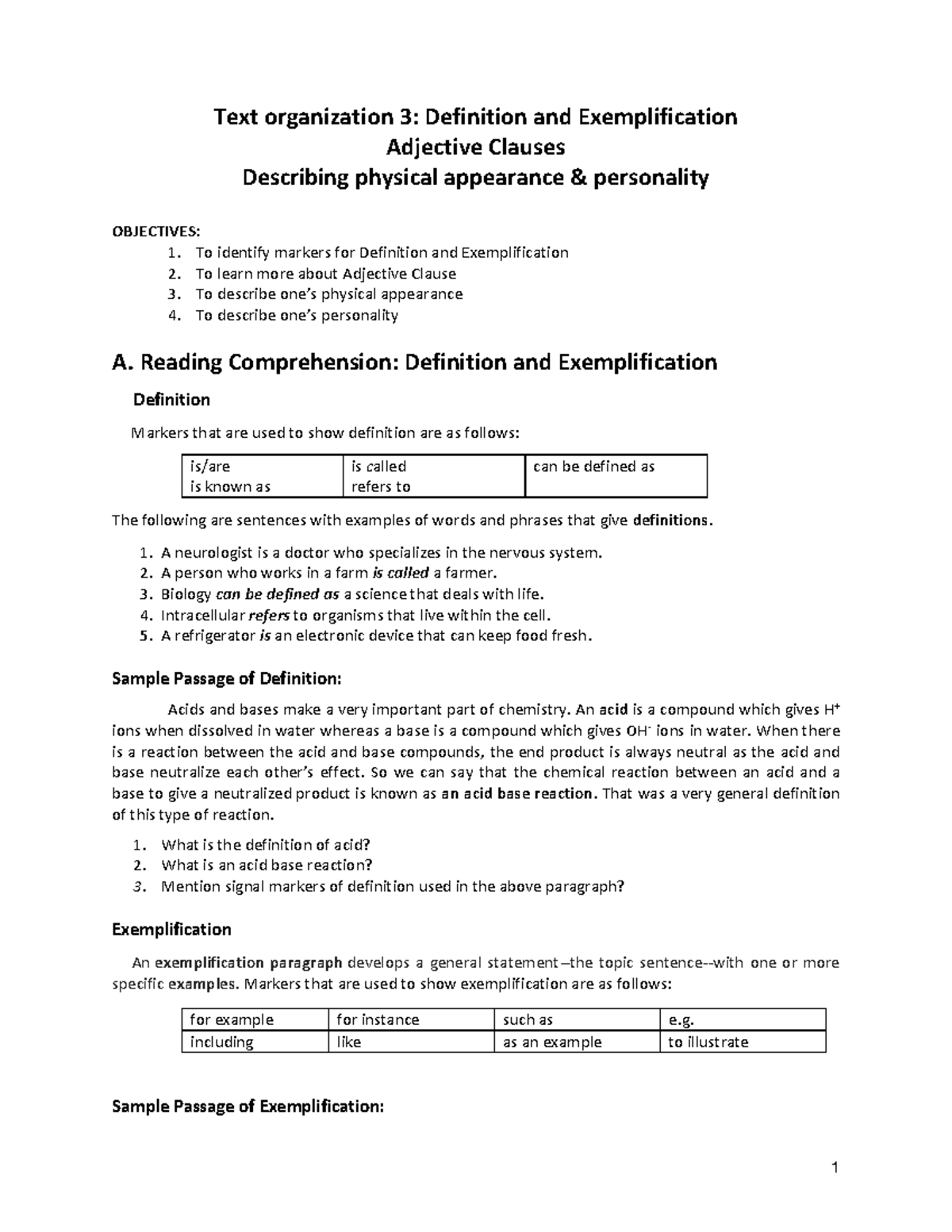 Definition and Exemplification Reading Comprehension Definition and Exemplification