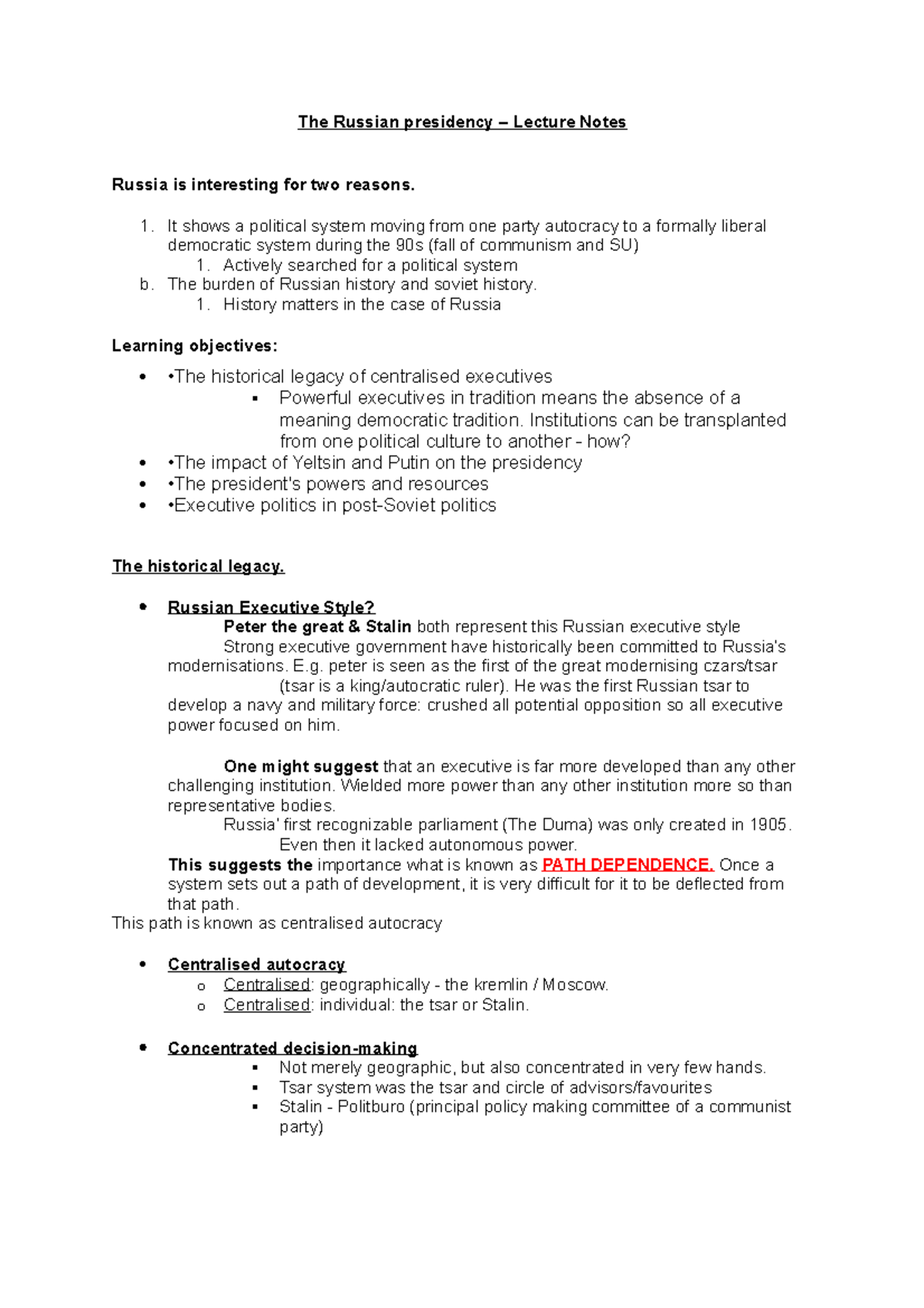 Russia Lecture notes - The Russian presidency – Lecture Notes Russia is ...