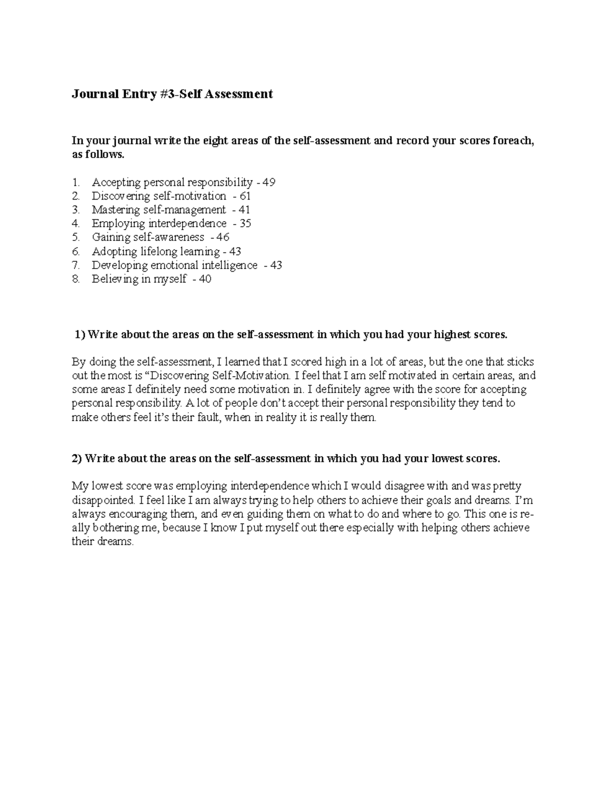 Journal Entry 3 Self Assessment 1 Journal Entry 3Self Assessment