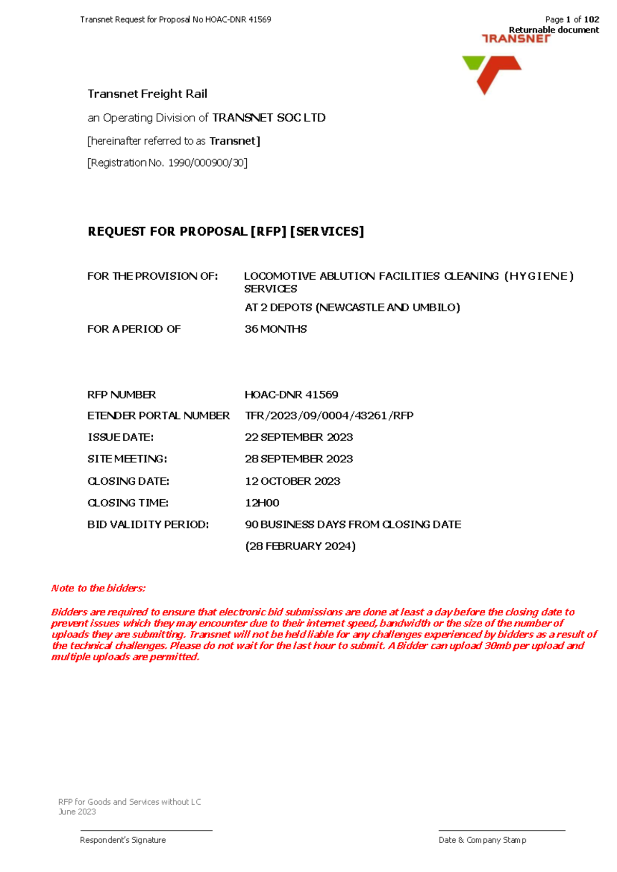 RFP HOAC-DNR 41569 - Locomotive Toilets Cleaning - Returnable document ...