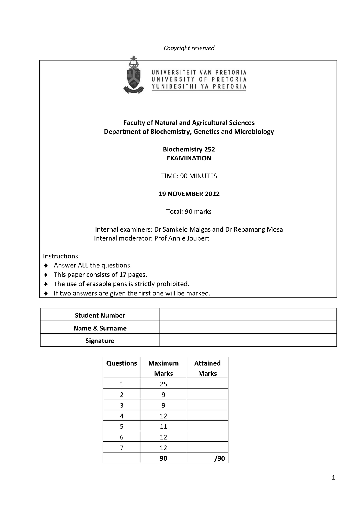 BCM252 Nov2022 - Exam - Copyright reserved Faculty of Natural and ...