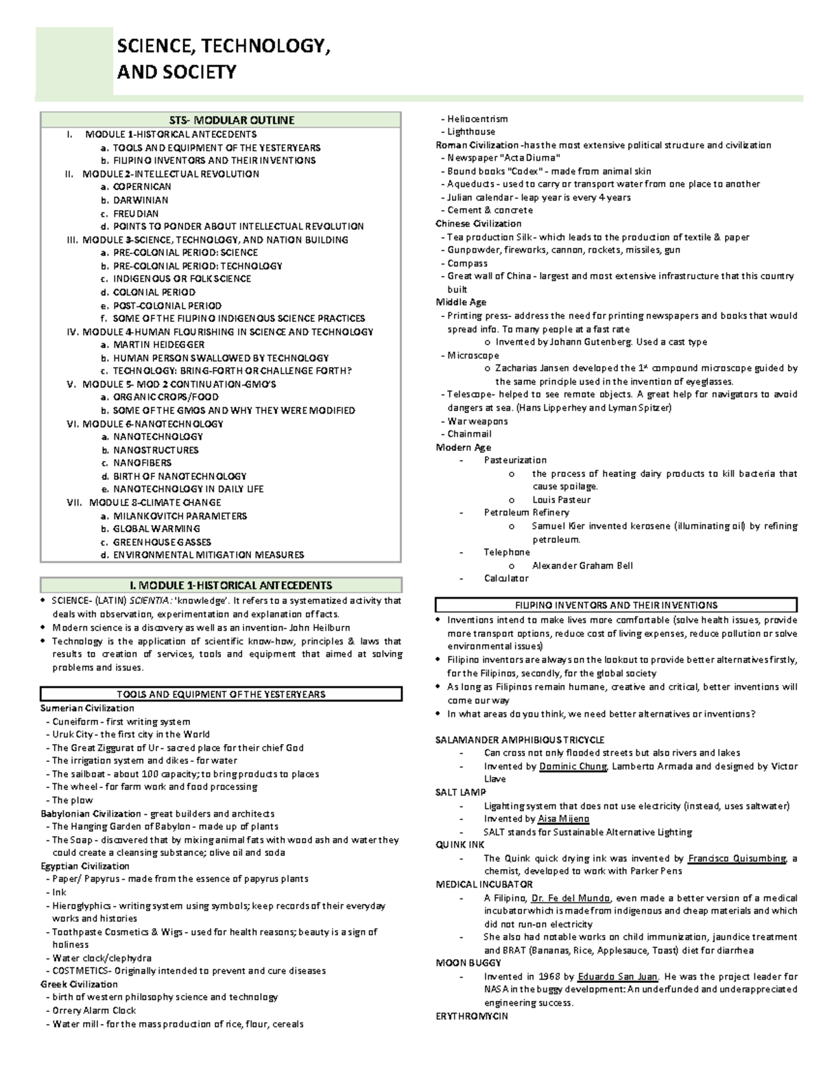 STS Notes - SCIENCE, TECHNOLOGY, AND SOCIETY STS- MODULAR OUTLINE I ...