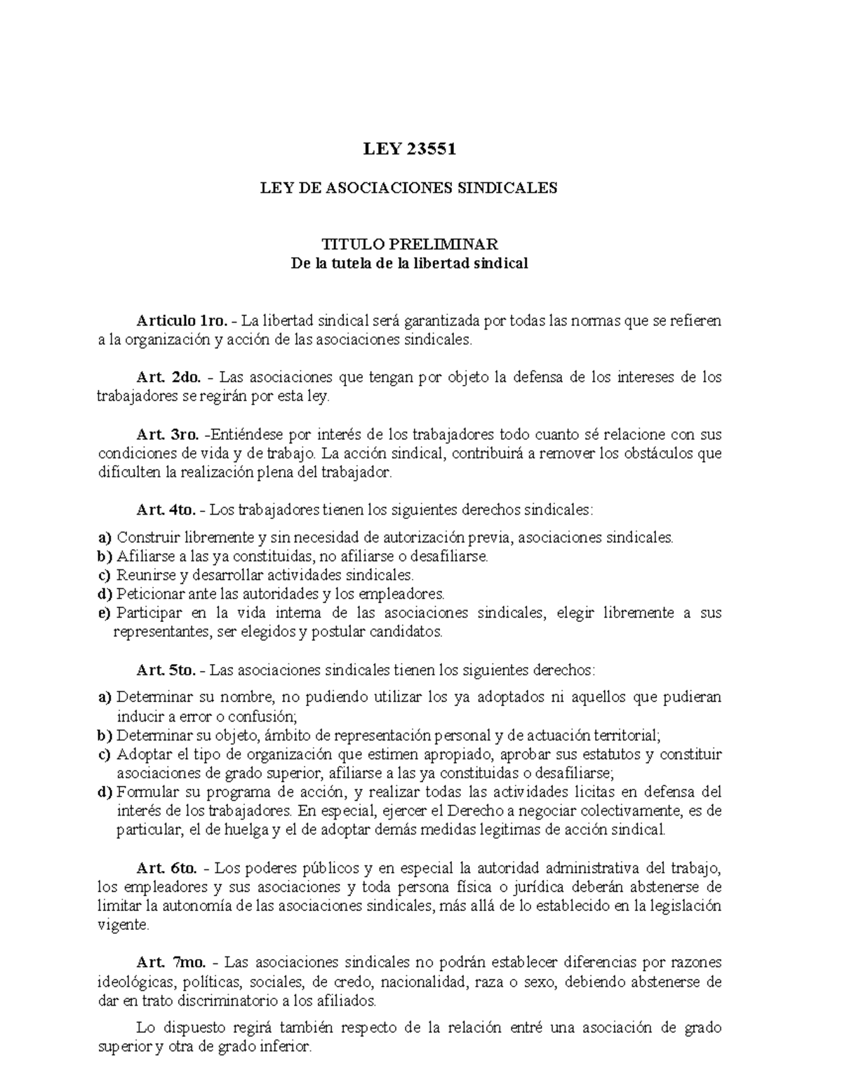 Ley 23551 LEY DE ASOCIACIONES SINDICALE