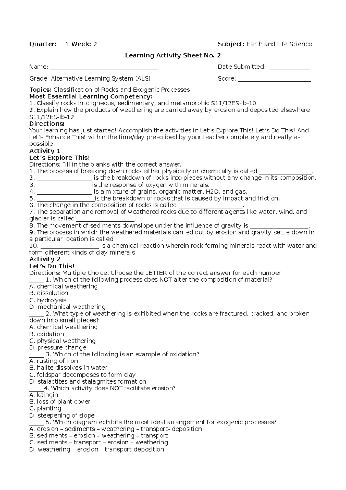 Learning Activity Sheet No. 2 ELS - Quarter: 1 Week: 2 Subject: Earth ...