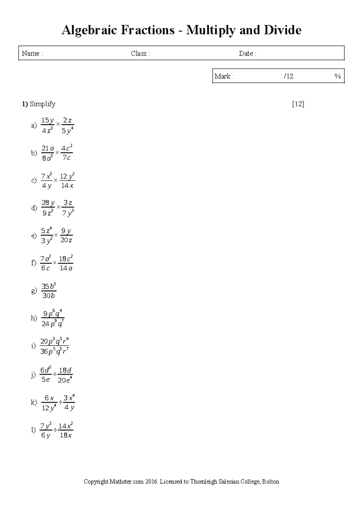 Algebraic Fractions - Multiply and Divide - 1 - Licensed to Thornleigh ...