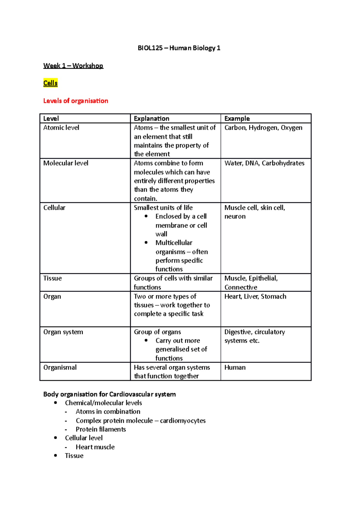 BIOL125 Tut - notes - BIOL125 - ACU - Studocu
