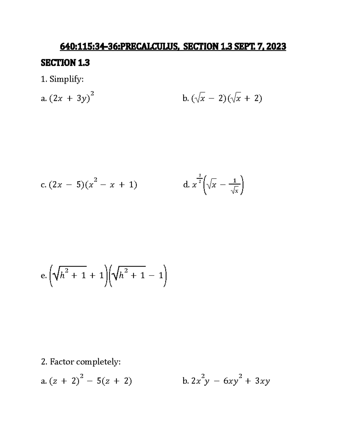 1.3 Worksheet - Sections 34-36 - 640:115:34-36:PRECALCULUS, SECTION 1 ...