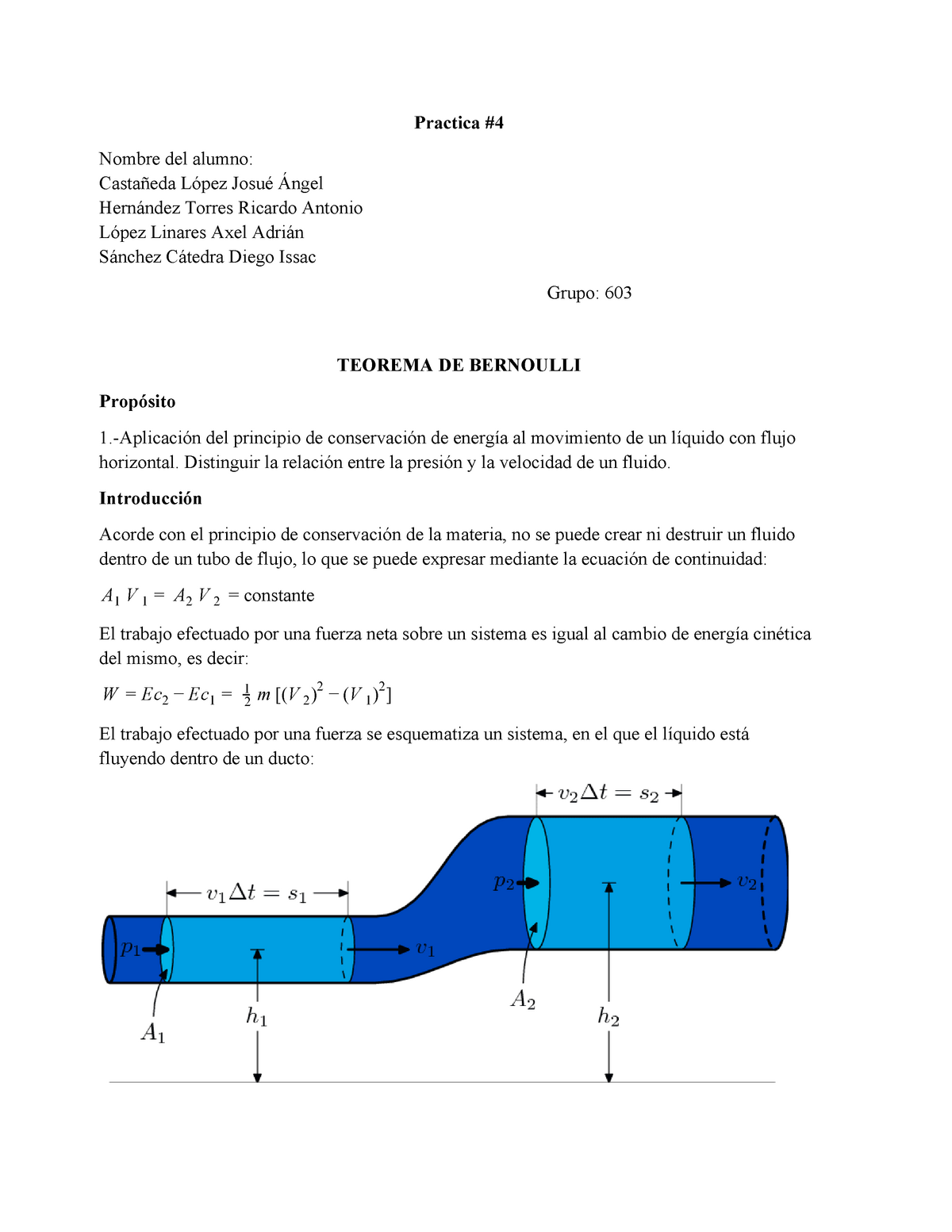 Práctica 4 Teorema De Bernoulli Practica Nombre Del Alumno Castañeda López Josué Ángel 2888