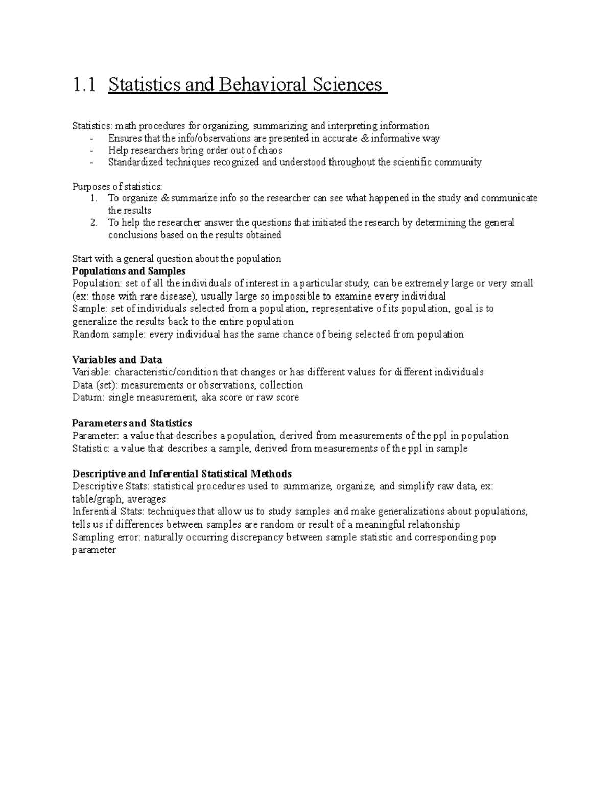 Chapter 1 Notes - 1 Statistics and Behavioral Sciences Statistics: math ...