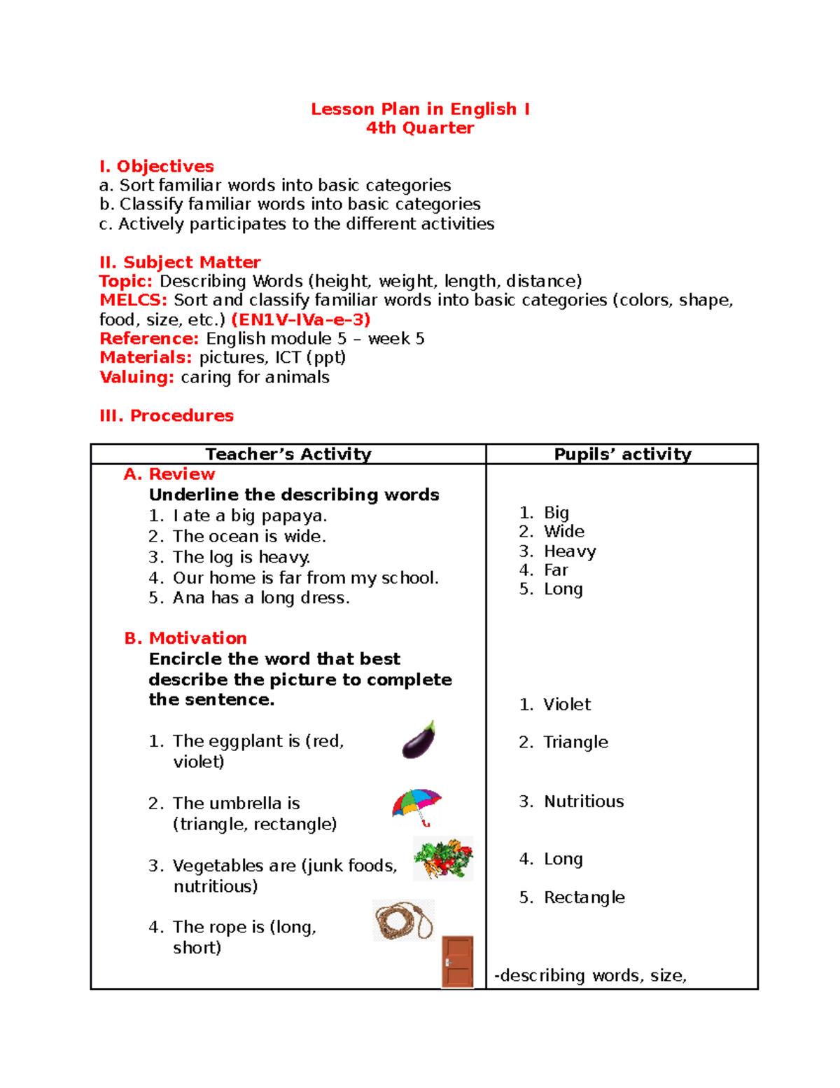 Lesson Plan In English 1 Objectives A Sort Familiar Words Into Basic
